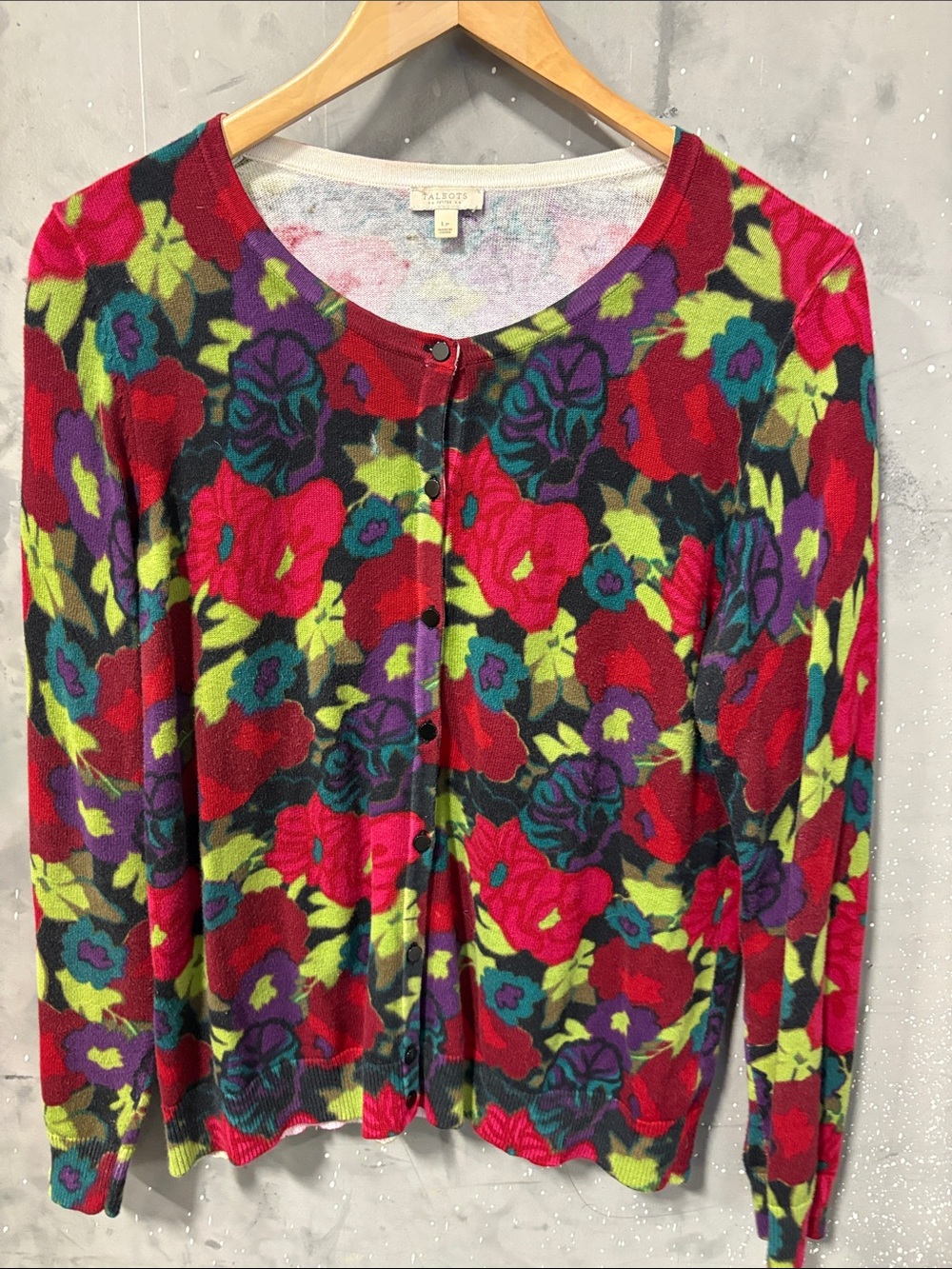 Talbots Black Floral Cardigan with Red, Purple and Lime Accents